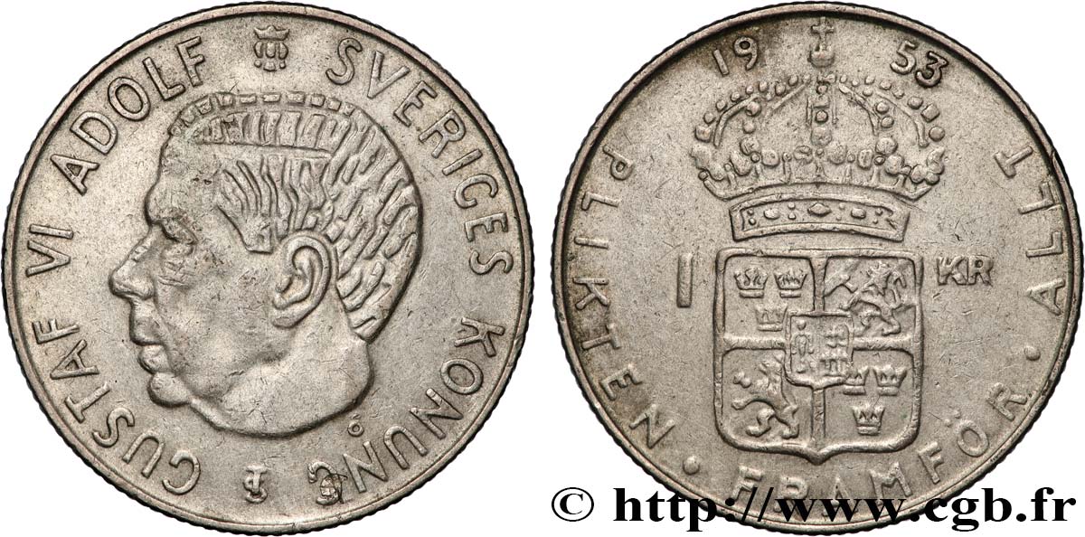 SCHWEDEN 1 Krona Gustave VI 1953  fVZ 