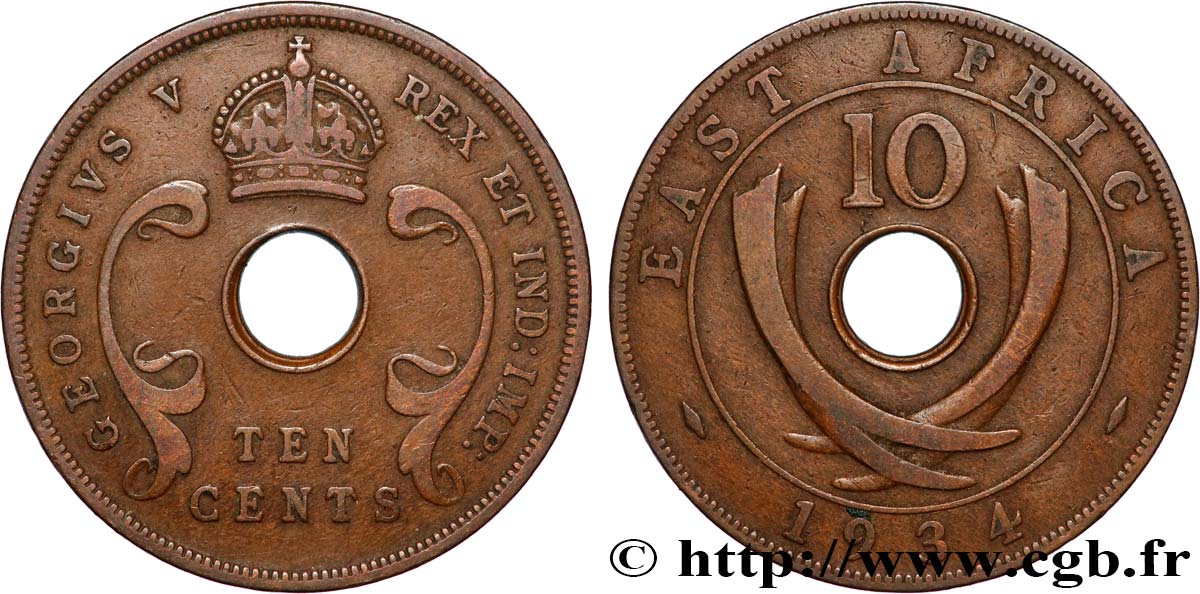 EAST AFRICA (BRITISH) 10 Cents (Georges V) 1934 Londres XF 