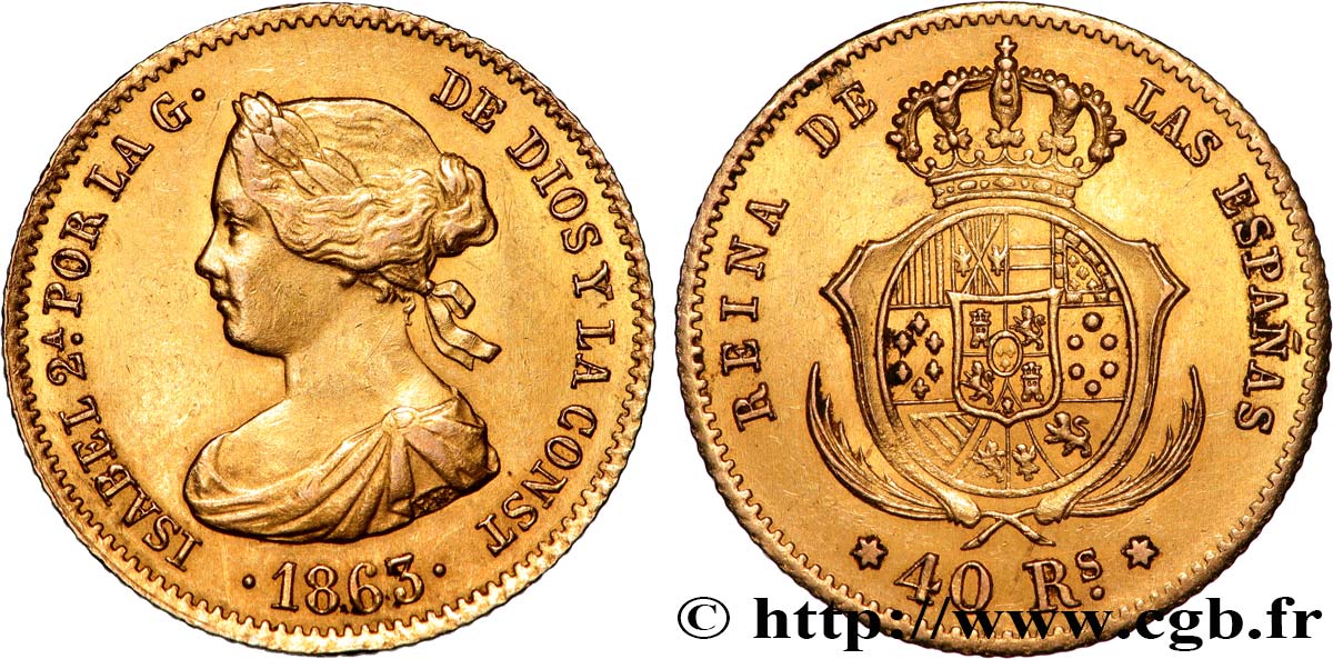 SPAIN - KINGDOM OF SPAIN - ISABELLA II 40 Reales 1863 Barcelone AU 