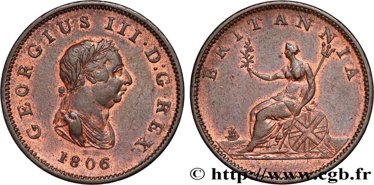 VEREINIGTEN KÖNIGREICH 1/2 Penny Georges III tête laurée 1806 Soho fVZ 