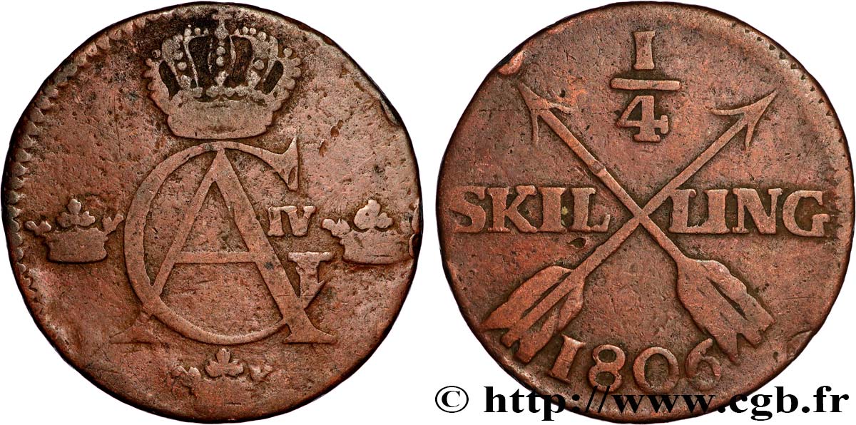 SVEZIA 1/4 Skilling monogramme du roi Gustave IV Adolphe 1806  MB 