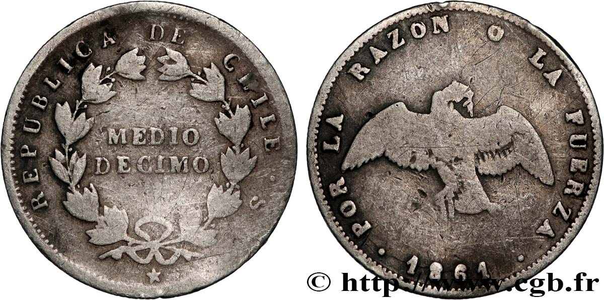 CHILE
 1/2 (medio) Decimo condor 1861 Santiago - S° RC+ 
