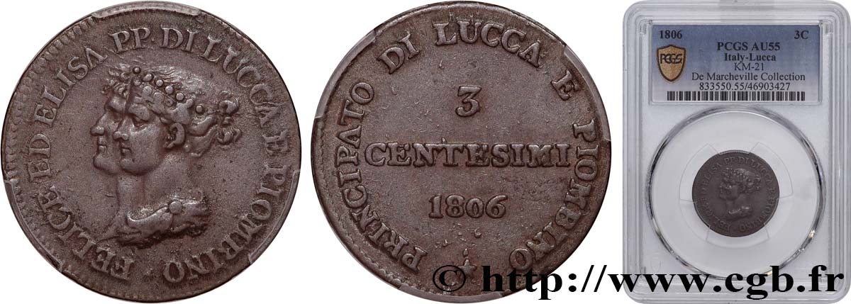 ITALIA - PRINCIPATO DI LUCCA E PIOMBINO - FELICE BACCIOCHI E ELISA BONAPARTE 3 Centesimi 1806 Florence SPL55 PCGS