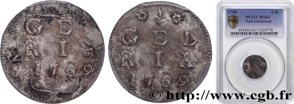 NETHERLANDS - UNITED PROVINCES 2 Stuivers Gueldre 1789  MS63 PCGS