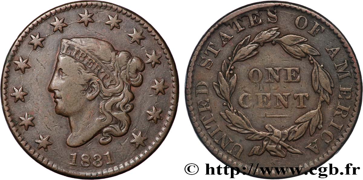 ÉTATS-UNIS D AMÉRIQUE 1 Cent Liberté “Braided Hair” variété grandes lettres 1831  TTB 