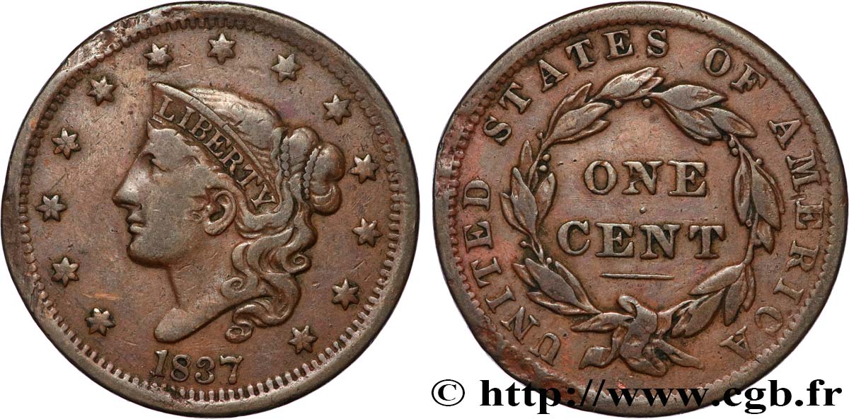 ESTADOS UNIDOS DE AMÉRICA 1 Cent Liberté “Matron Head” modifié 1837 Philadelphie BC+ 