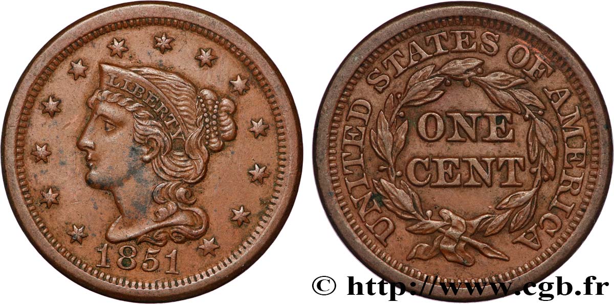 VEREINIGTE STAATEN VON AMERIKA 1 Cent Liberté “Braided Hair” 1851 Philadelphie fVZ 