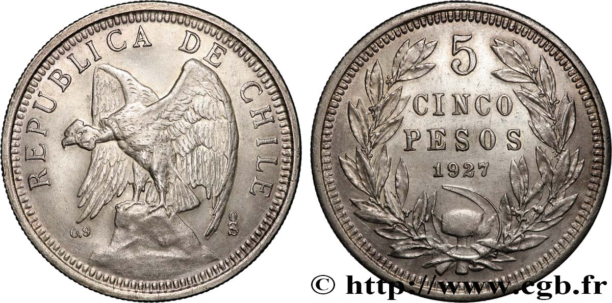 CHILE 5 Pesos condor variété au “5” large 1927 Santiago AU 