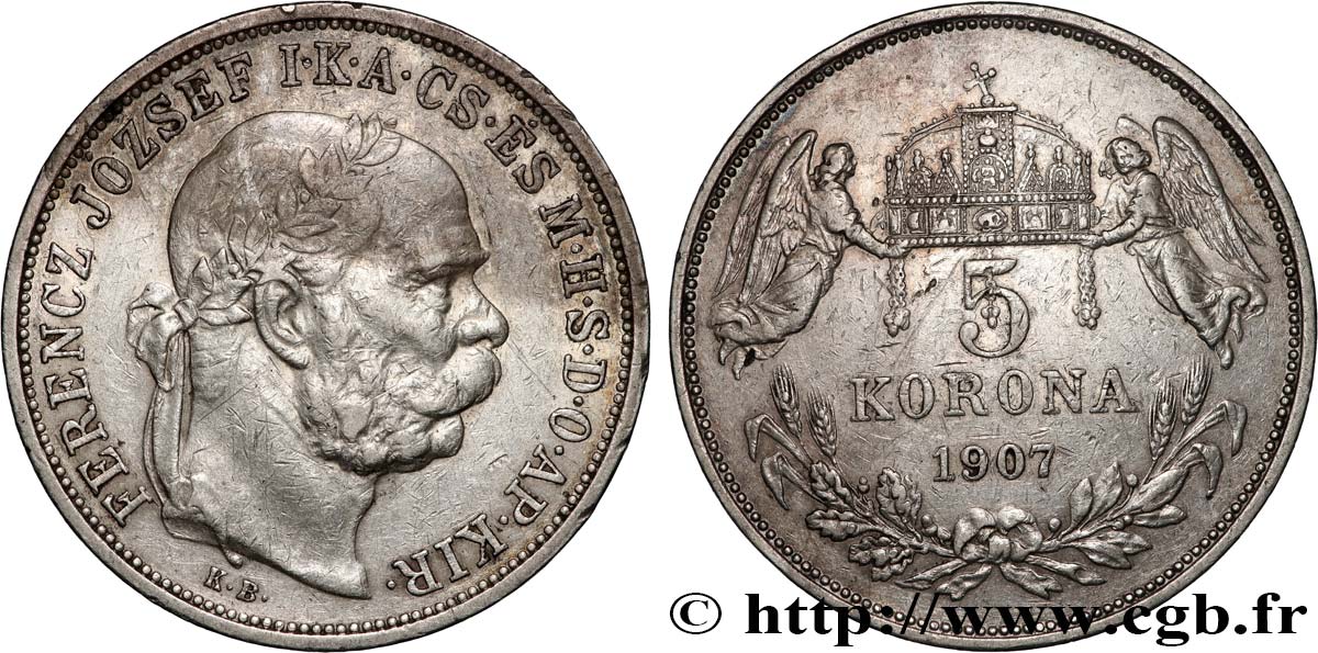 HONGRIE 5 Korona François-Joseph 1907 Kremnitz TTB 