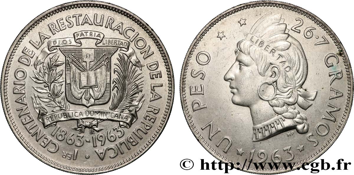 RÉPUBLIQUE DOMINICAINE 1 Peso Centenaire de la restauration de la République 1963  SUP 