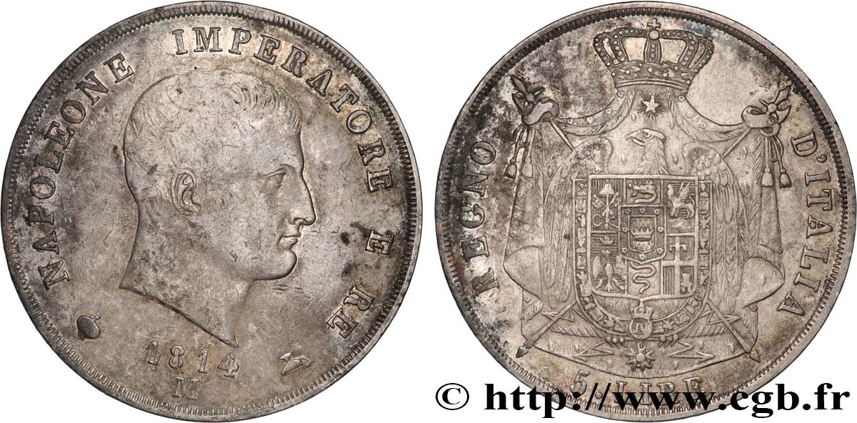 ITALIE - ROYAUME D ITALIE - NAPOLÉON Ier 5 Lire 1814 Milan TTB 