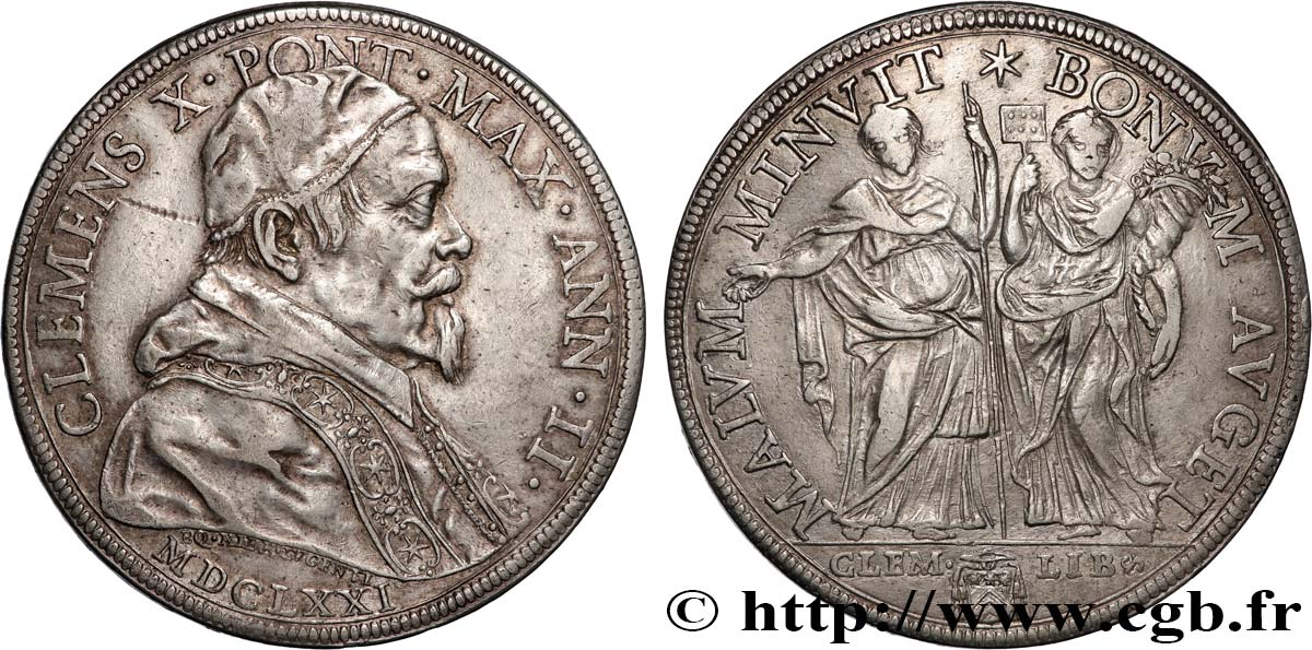 ITALY - PAPAL STATES - CLEMENT X (Emilio Altieri) Piastre, an II 1671 Rome XF 