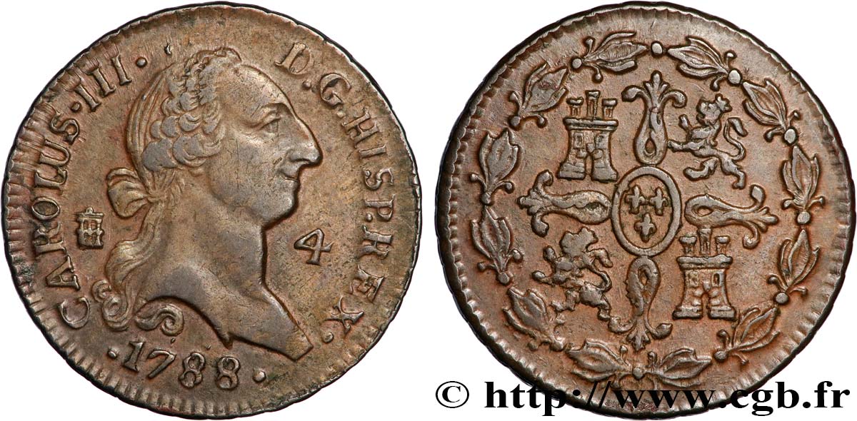 SPAIN 4 Maravedis Charles III  1788 Ségovie AU 