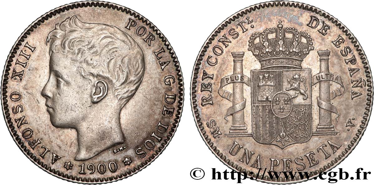 SPAIN 1 Peseta Alphonse XIII 3e type 1900 Madrid AU 