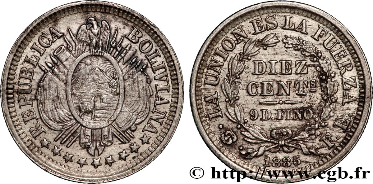 BOLIVIA 10 Centavos emblème de la Bolivie 1885 Potosi AU 