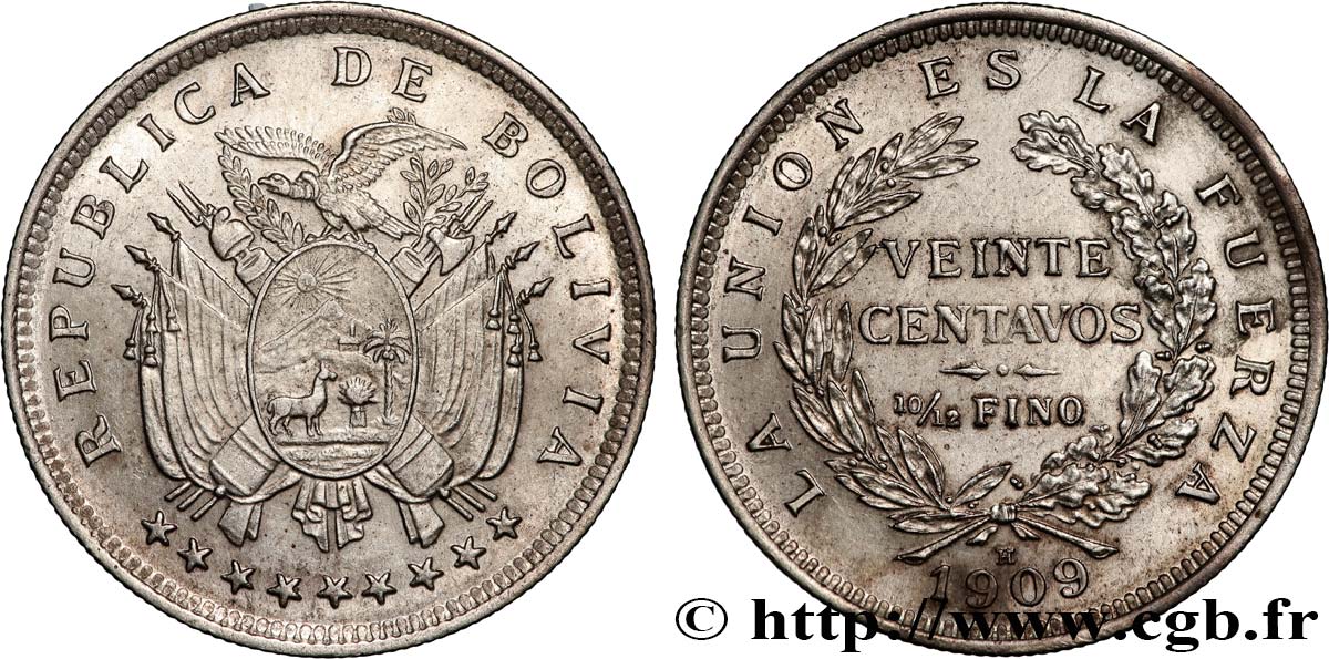 BOLIVIA 20 Centavos 1909 Heaton MS 