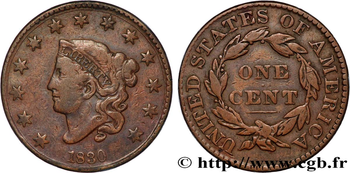 UNITED STATES OF AMERICA 1 Cent “Matron head” 1830  VF 