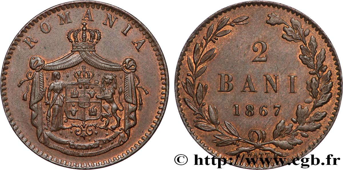 ROUMANIE 2 Bani Charles Ier 1867 Watt and C) SUP 