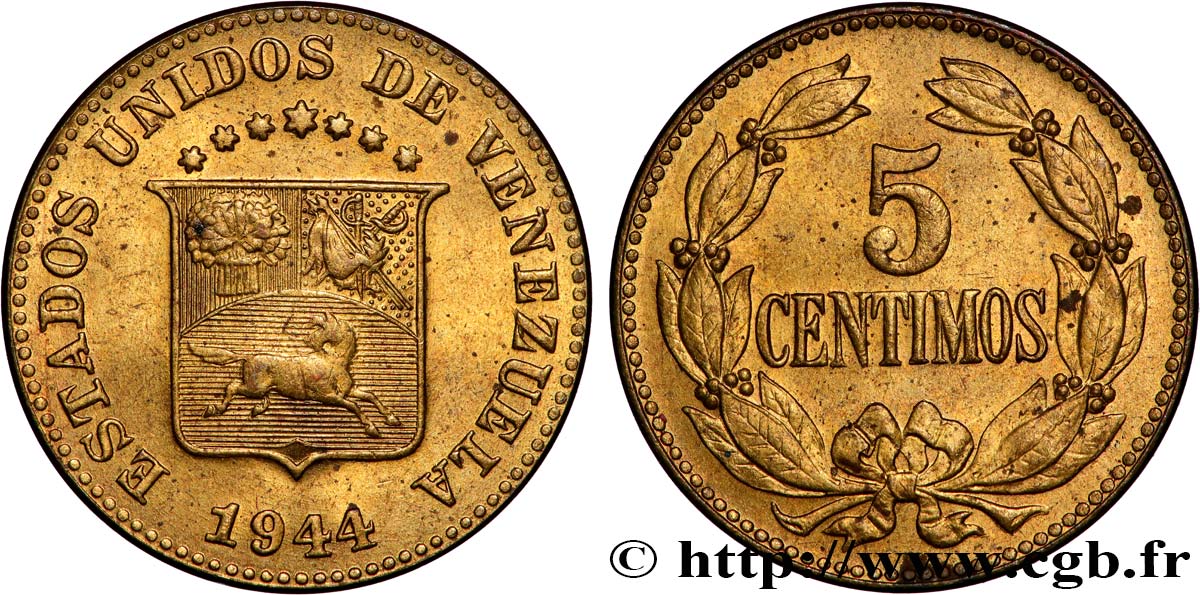 VENEZUELA 5 Centimos 1944 Philadelphie MBC+ 