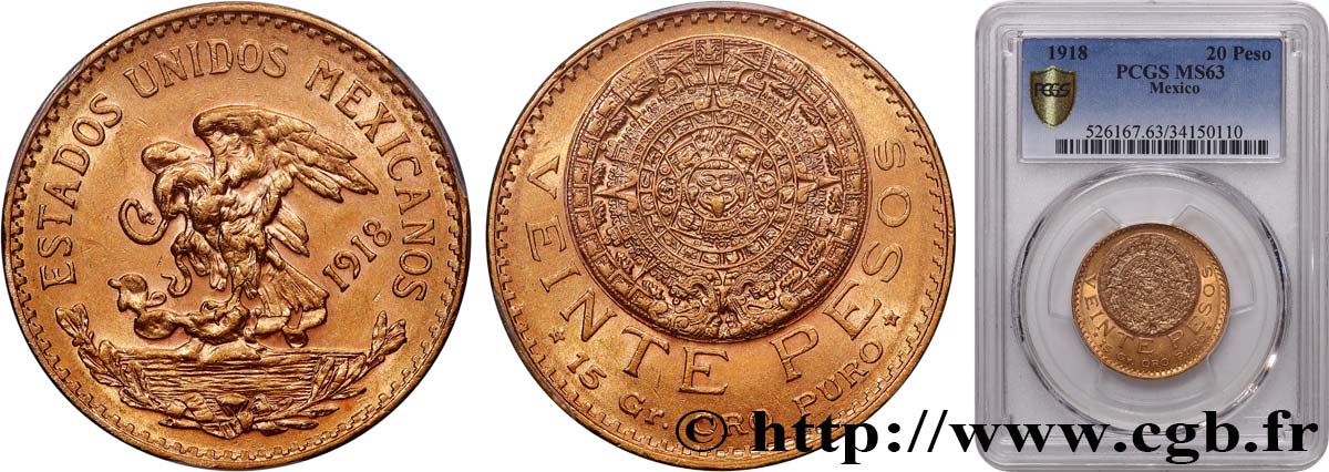 MEXIQUE 20 Pesos “Pierre du Soleil” (calendrier aztèque) 1918 Mexico SPL63 PCGS