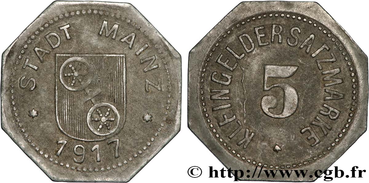 ALLEMAGNE - Notgeld 5 Pfennig ville de Mayence (Mainz) 1917  TTB 