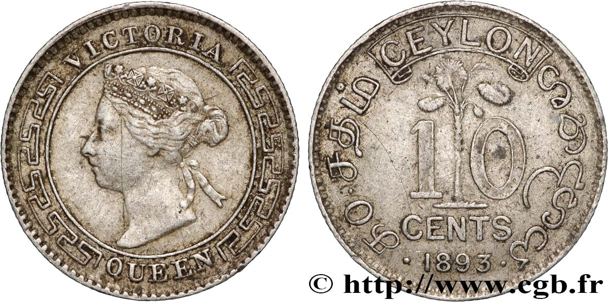 CEYLON 10 Cents Victoria 1893  XF 