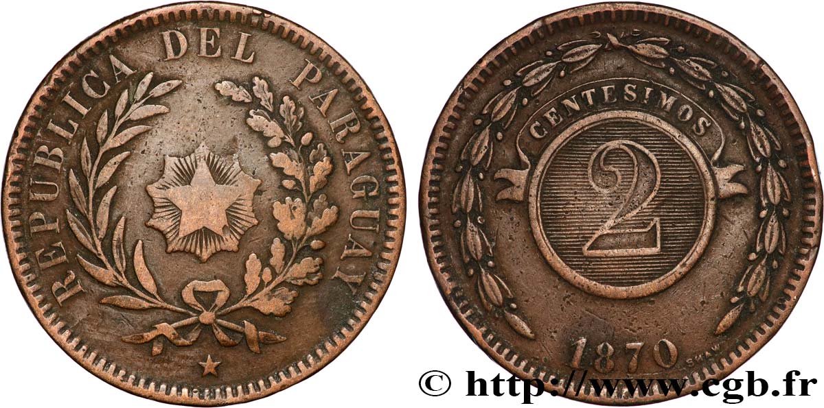 PARAGUAY 2 Centesimos 1870 Heaton fSS 