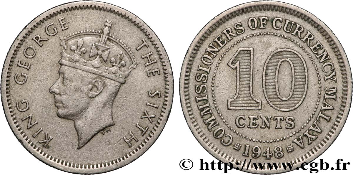 MALAISIE 10 Cents Commission Monétaire de Malaisie Georges VI 1948  TTB+ 