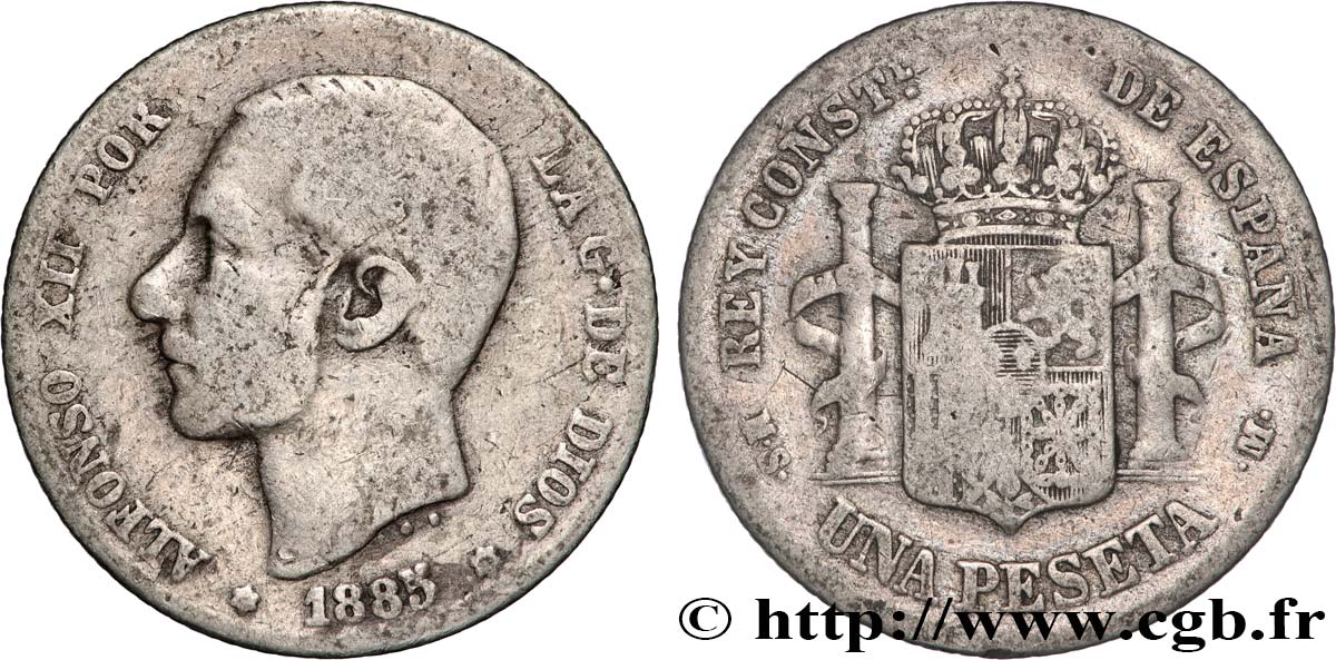 ESPAÑA 1 Peseta Alphonse XII 1885 Madrid BC 