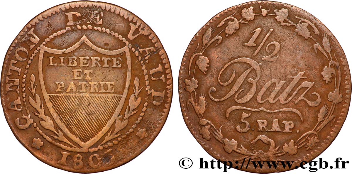 SVIZZERA - CANTON VAUD 1/2 Batzen - 5 Rappen - Canton de Vaud 1805  q.BB 