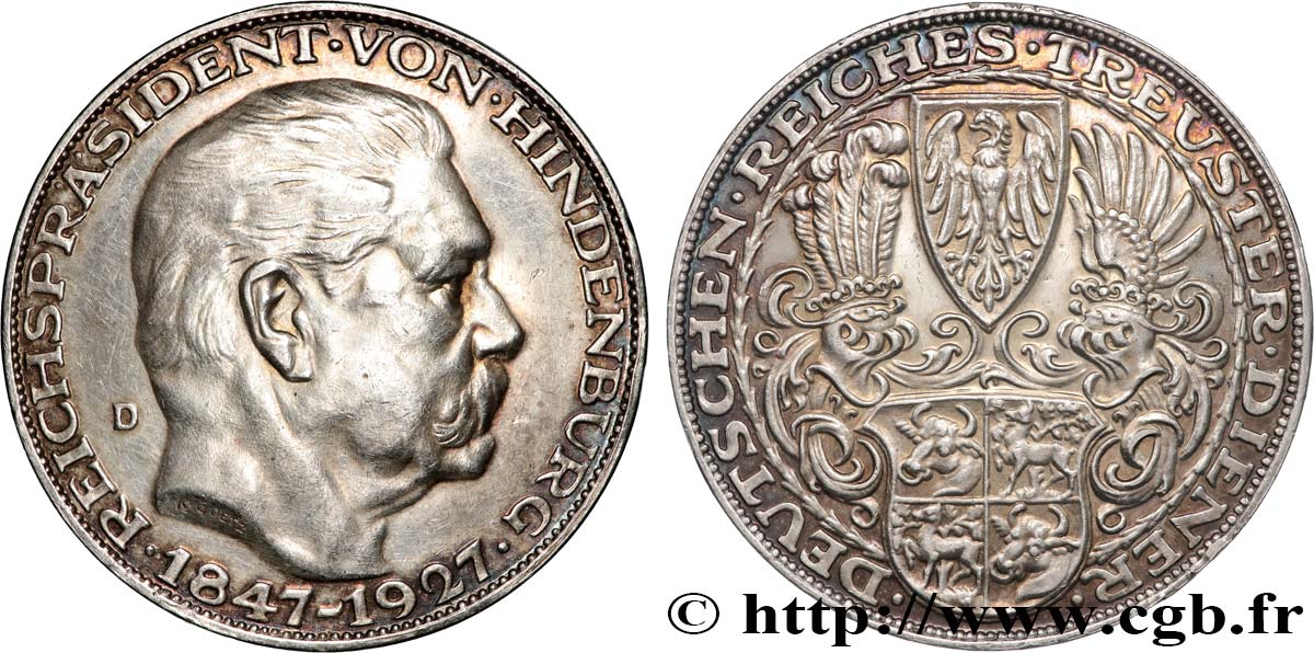 DEUTSCHLAND Module de 5 Reichsmark 80e anniversaire du Maréchal von Hindenburg 1927 Munich SS/fVZ 