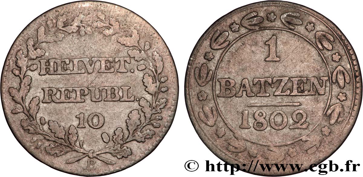 SCHWEIZ - HELVETISCHE REPUBLIK 1 Batzen (10 Rappen) République Helvétique 1802 Berne fSS 