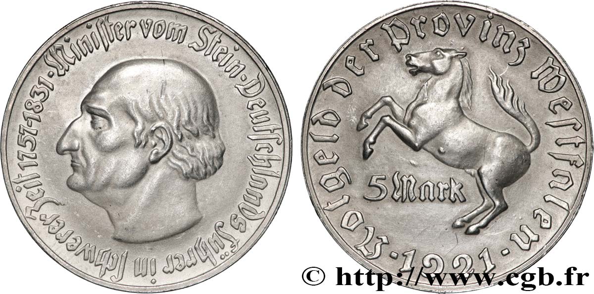 GERMANY 5 Mark Westphalie vom Stein 1921  AU 