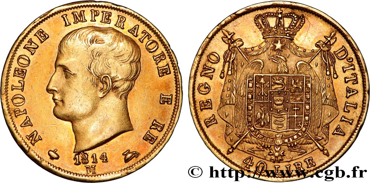 ITALIA - REINO DE ITALIA - NAPOLEóNE I 40 Lire 1814 Milan MBC+ 