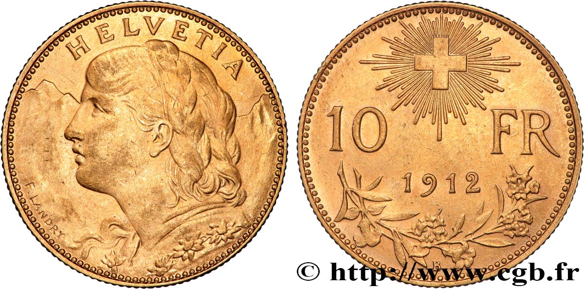 SWITZERLAND 10 Francs or  Vreneli  1912 Berne AU 