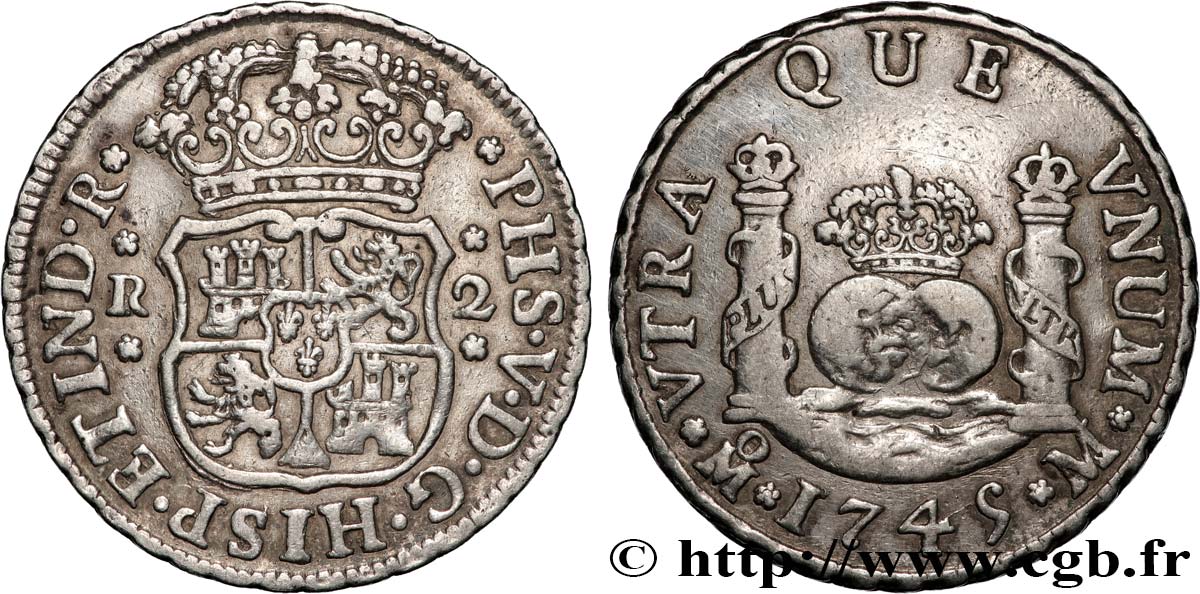 MEXICO - FILIP V OF SPAIN 2 Reales 1745 Mexico AU 