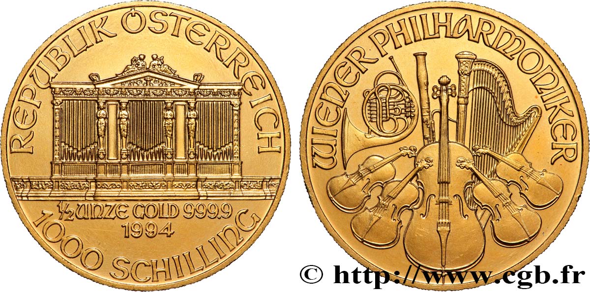 OR, PALLADIUM ET PLATINE INVESTISSEMENT 1/2 Oz - 1000 schillings  1994 Vienne SPL 