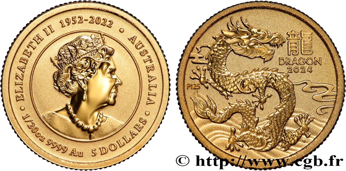 INVESTMENT GOLD 1/20 Oz - 5 Dollars Proof Dragon 2024  ST 