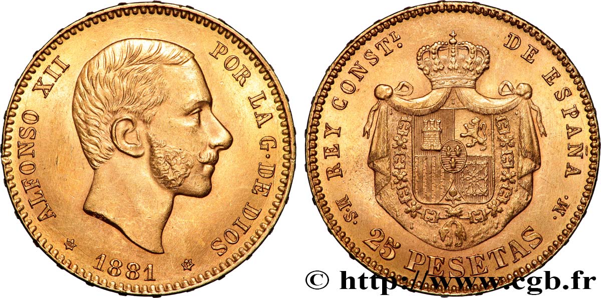 SPAIN 25 Pesetas Alphonse XII 1881 Madrid AU 