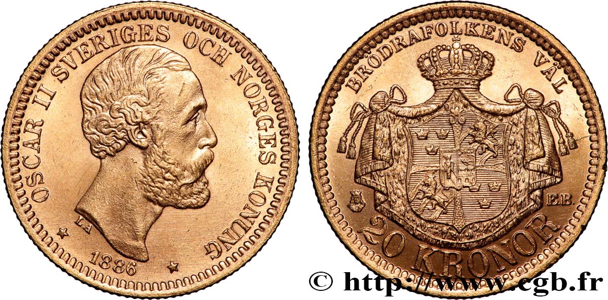 SWEDEN - KINGDOM OF SWEDEN - OSCAR II 20 kronor  1886 Stockholm MS 