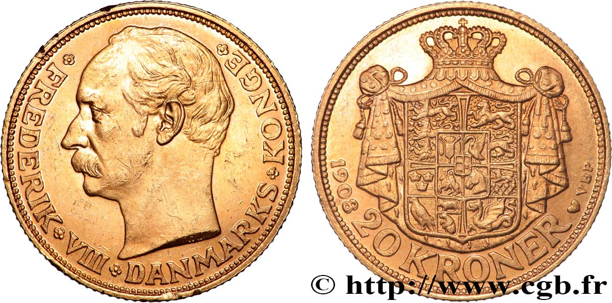 DENMARK - KINGDOM OF DENMARK - FREDERICK VIII 20 Kroner 1908 Copenhague MS 