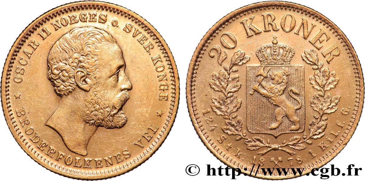 NORWAY 20 Kroner or, Oscar II 2e type 1878  AU 