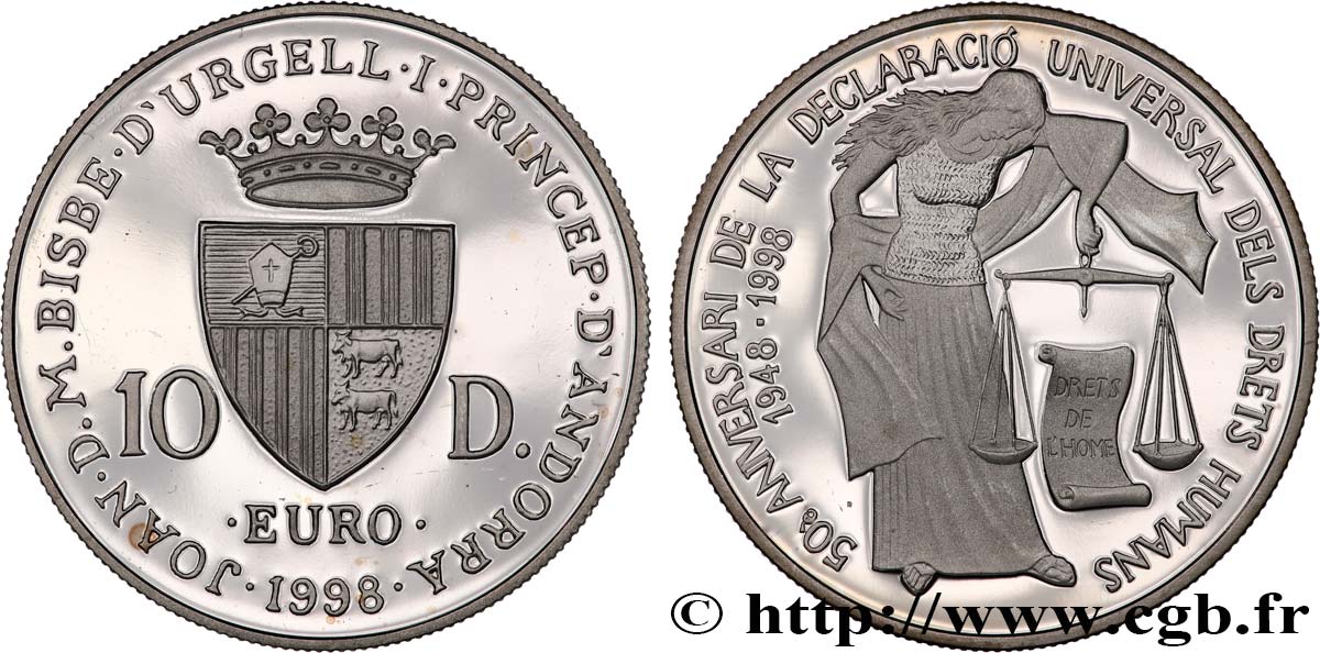 ANDORRA (PRINCIPALITY) 10 Diners Proof 50 Anniversaire de la déclaration des droits de l’Homme 1998  MS 