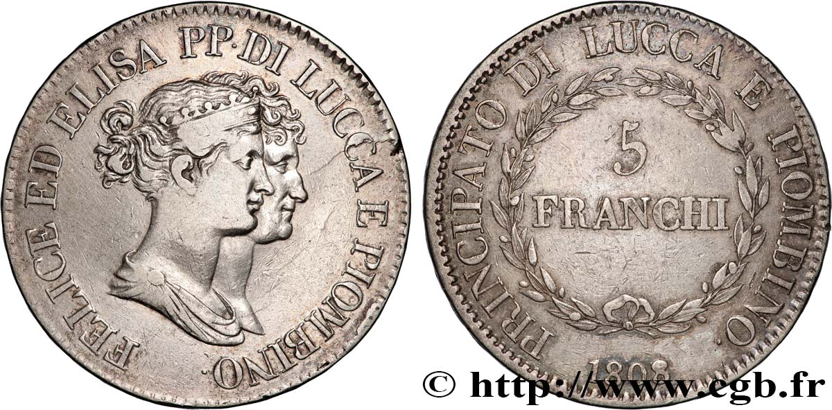 ITALIE - PRINCIPAUTÉ DE LUCQUES ET PIOMBINO - FÉLIX BACCIOCHI et ÉLISA BONAPARTE 5 Franchi  1808 Florence TB+ 