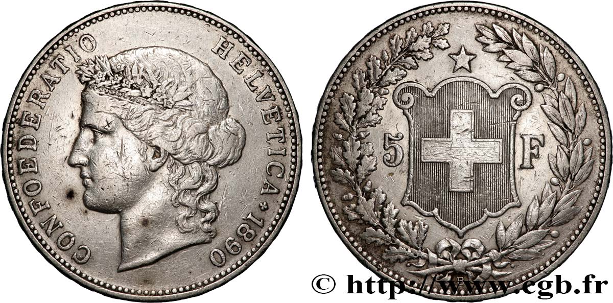 SUISSE 5 Francs Helvetia 1890 Berne TTB 