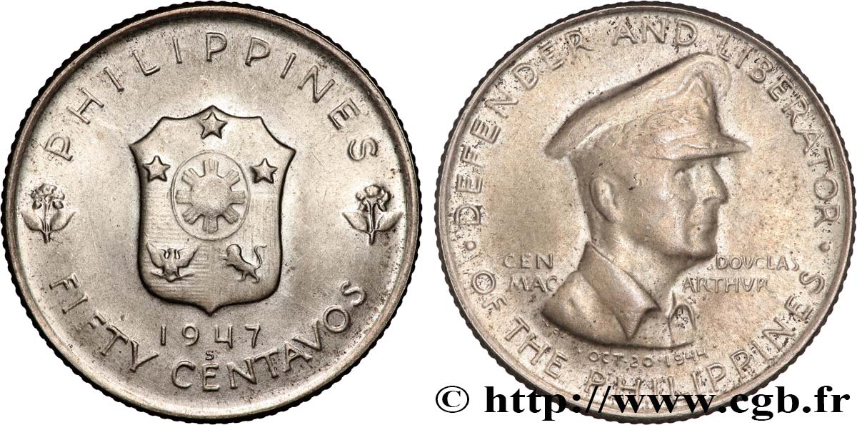 FILIPINAS 50 Centavos Douglas McArthur 1947 San Francisco MBC+ 