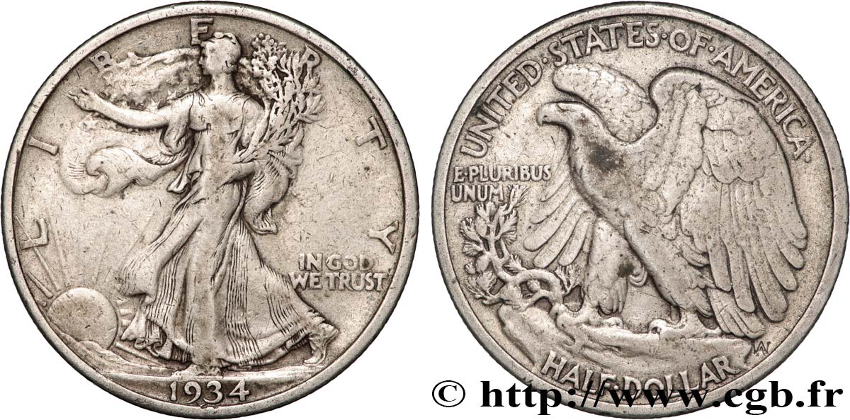 ÉTATS-UNIS D AMÉRIQUE 1/2 Dollar Walking Liberty 1934 Philadelphie TB+ 