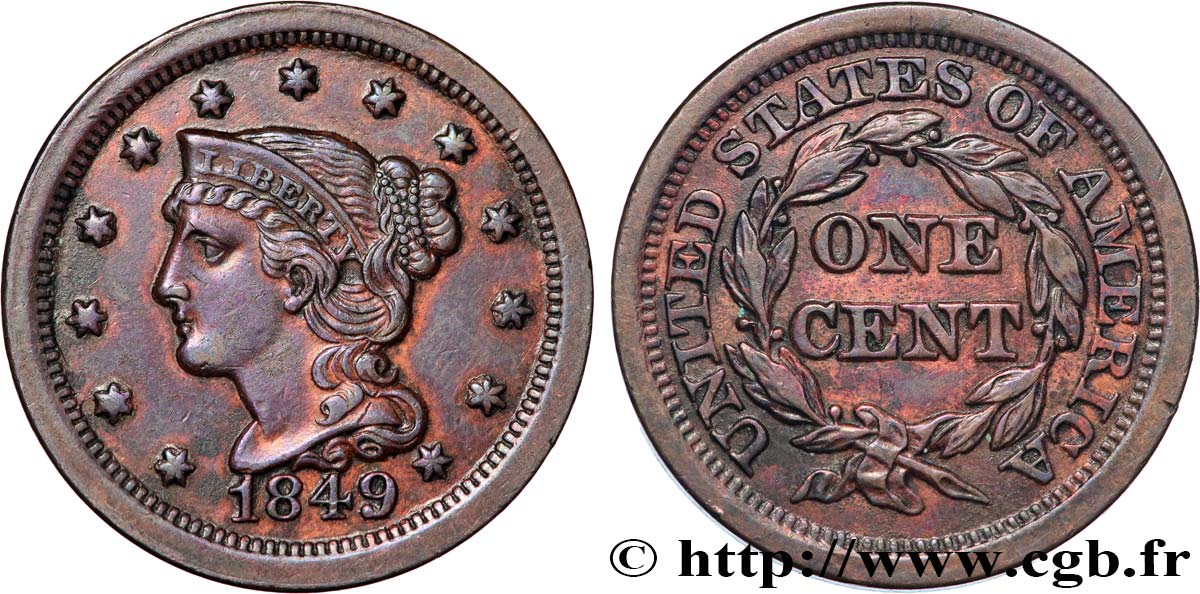 STATI UNITI D AMERICA 1 Cent Liberté “Braided Hair” 1849 Philadelphie q.SPL 