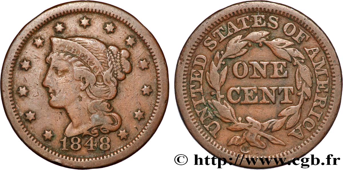 ESTADOS UNIDOS DE AMÉRICA 1 Cent Liberté “Braided Hair” 1848 Philadelphie MBC 