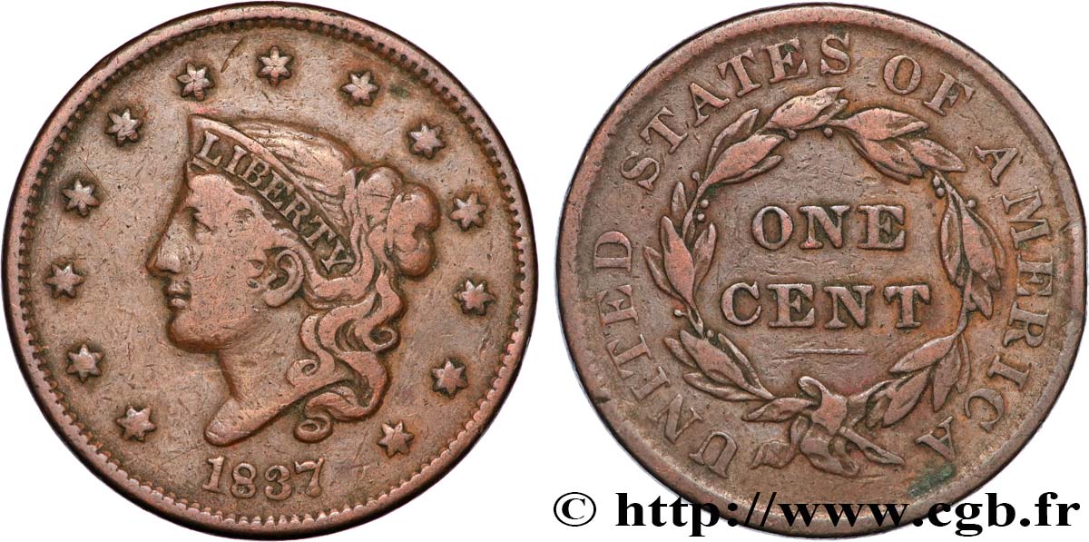 UNITED STATES OF AMERICA 1 Cent Liberté “Matron Head” modifié 1837 Philadelphie VF 